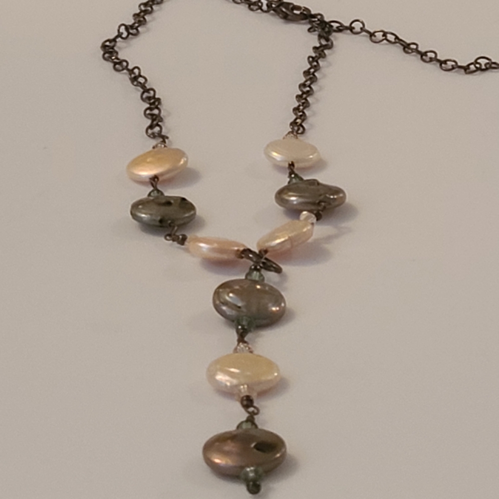 Vintage Y Sterling Silver Coin Pearl Czech Glass Necklace Baroque Natural Pearls